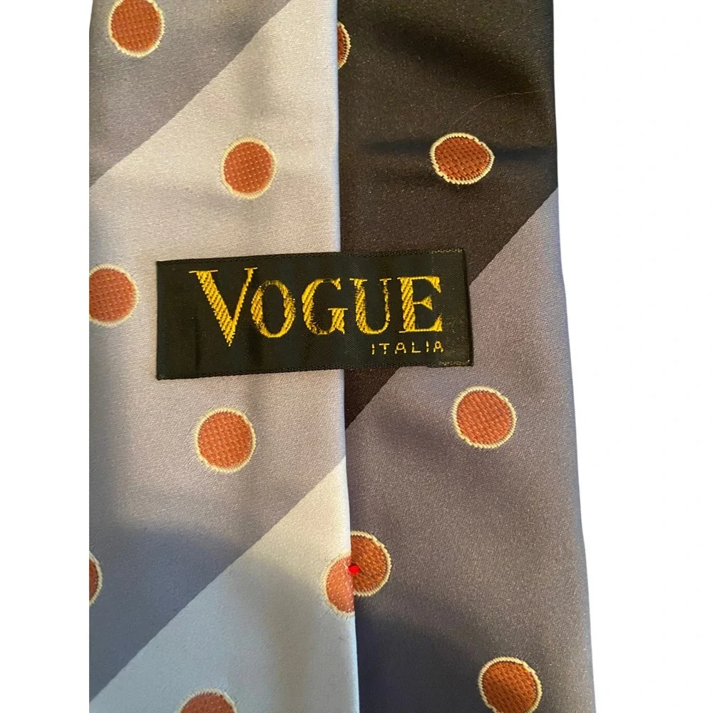 Vogue Italia Mens Silk Tie Blue Orange Polka Dot Geometric Diagonal Stripe‎